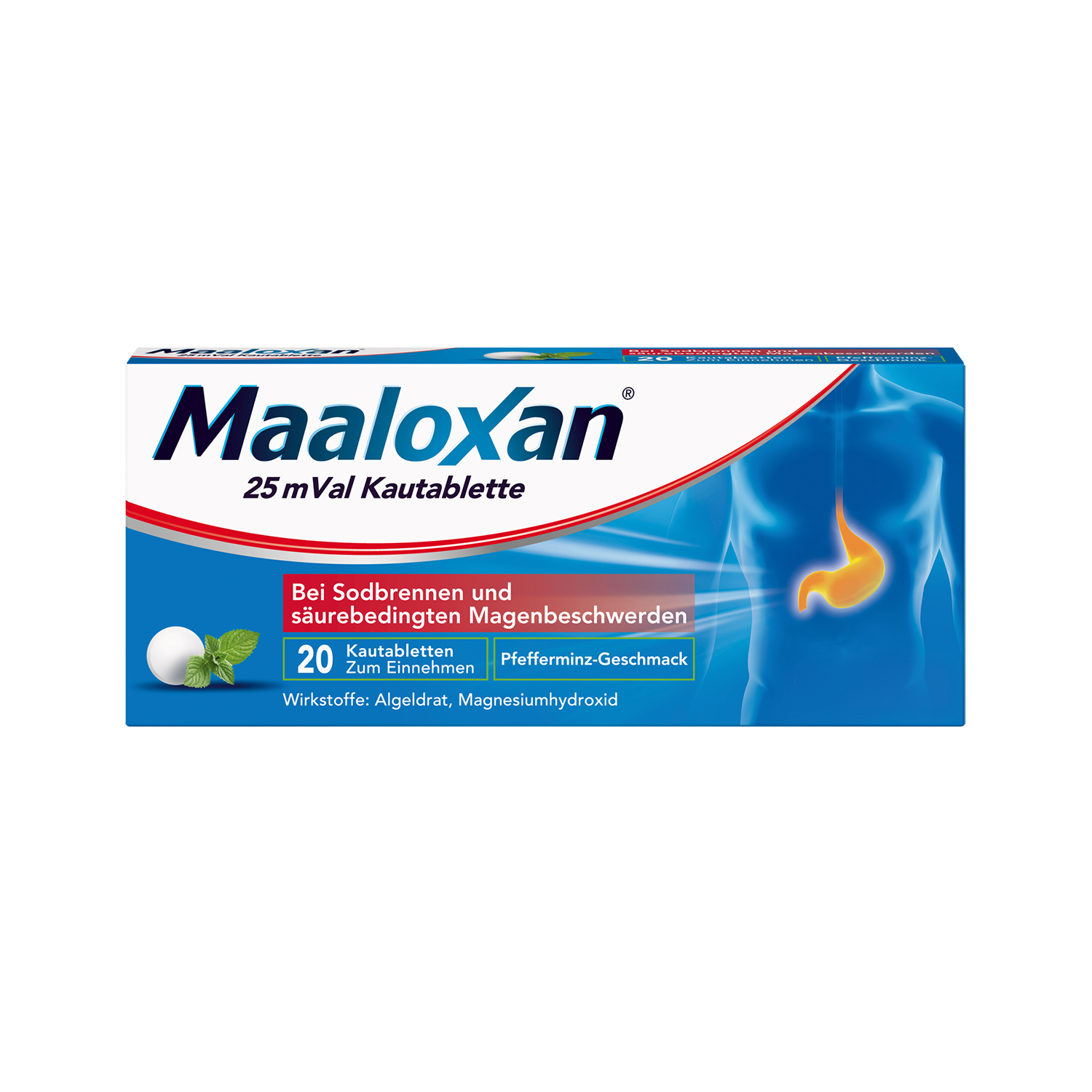 MAALOXAN 25 mVal Kautablette, Kautablette, mit Algeldrat und Magnesiumhydroxid, bei Sodbrennen und säurebedingten Magenbeschwerden Abbildung für MAALOXAN 25 mVal Kautablette, Kautablette, mit Algeldrat und Magnesiumhydroxid, bei Sodbrennen und säurebedingten Magenbeschwerden