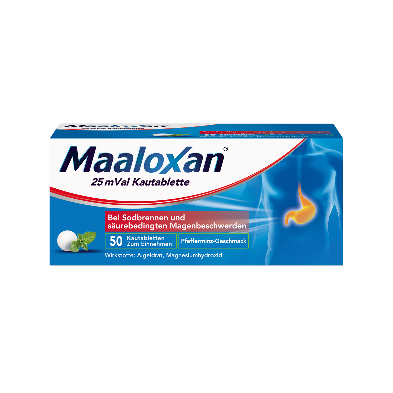 MAALOXAN 25 mVal Kautablette, Kautablette, mit Algeldrat und Magnesiumhydroxid, bei Sodbrennen und säurebedingten Magenbeschwerden Abbildung für MAALOXAN 25 mVal Kautablette, Kautablette, mit Algeldrat und Magnesiumhydroxid, bei Sodbrennen und säurebedingten Magenbeschwerden