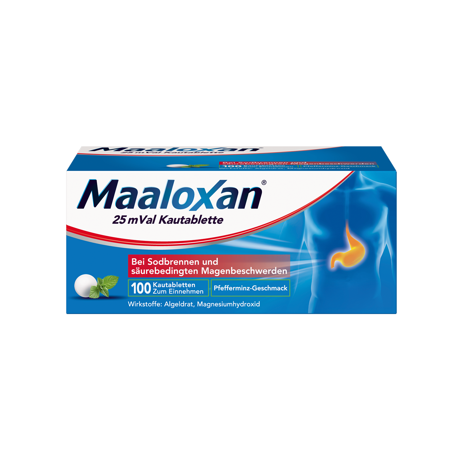 MAALOXAN 25 mVal Kautablette, Kautablette, mit Algeldrat und Magnesiumhydroxid, bei Sodbrennen und säurebedingten Magenbeschwerden Abbildung für MAALOXAN 25 mVal Kautablette, Kautablette, mit Algeldrat und Magnesiumhydroxid, bei Sodbrennen und säurebedingten Magenbeschwerden