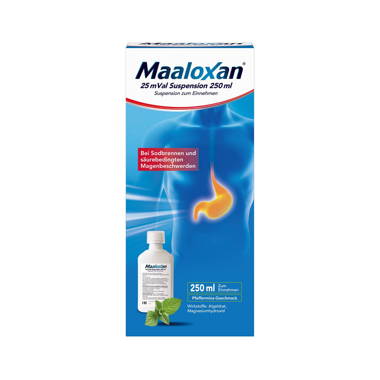 Maaloxan 25 mVal Suspension, Suspension zum Einnehmen, mit Algeldrat und Magnesiumhydroxid, bei Sodbrennen und säurebedingten Magenbeschwerden Abbildung für Maaloxan 25 mVal Suspension, Suspension zum Einnehmen, mit Algeldrat und Magnesiumhydroxid, bei Sodbrennen und säurebedingten Magenbeschwerden