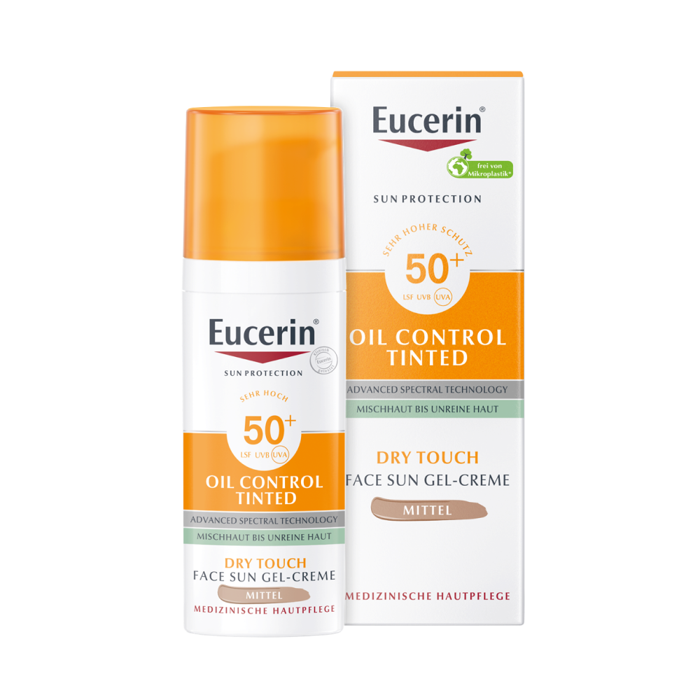 EUCERIN Sun Oil Control tinted Creme LSF 50+ mitt. Abbildung für EUCERIN Sun Oil Control tinted Creme LSF 50+ mitt.