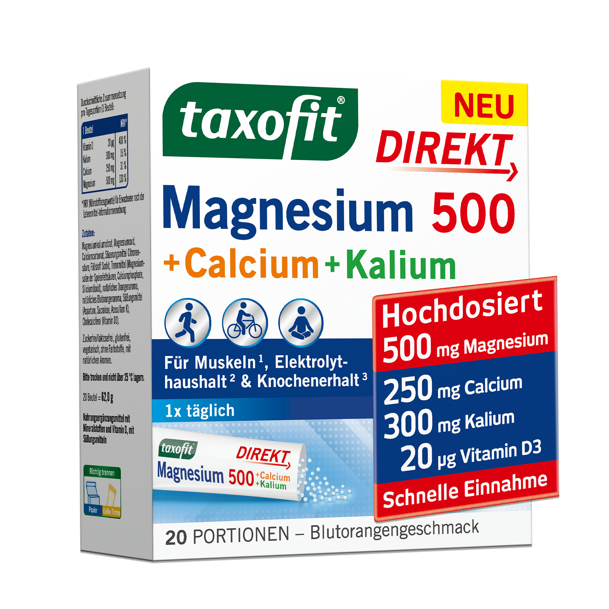 TAXOFIT Magnesium 500+Calcium+Kalium Direkt Gran. Abbildung für TAXOFIT Magnesium 500+Calcium+Kalium Direkt Gran.